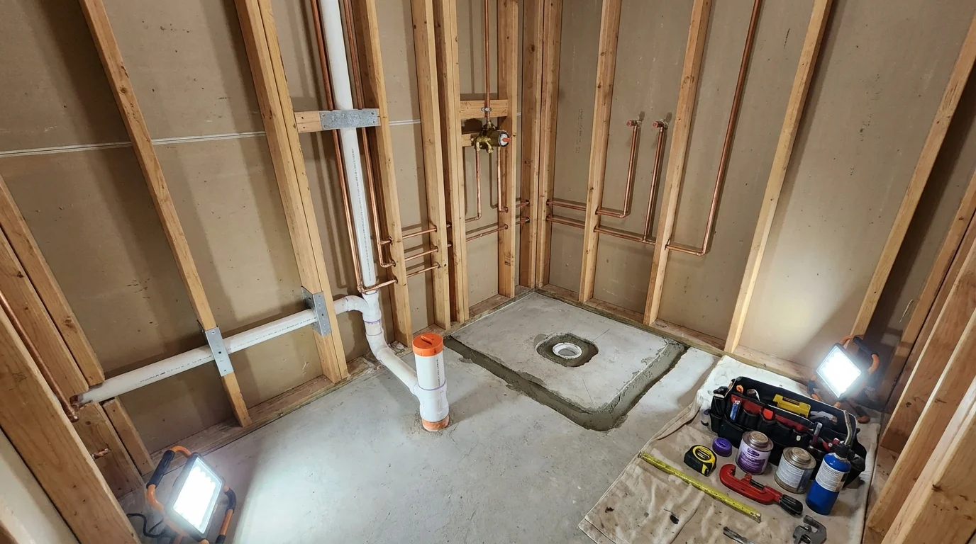 Bathroom rough-in plumbing during remodel by Johns Plumbing LLC in Liberty Lake