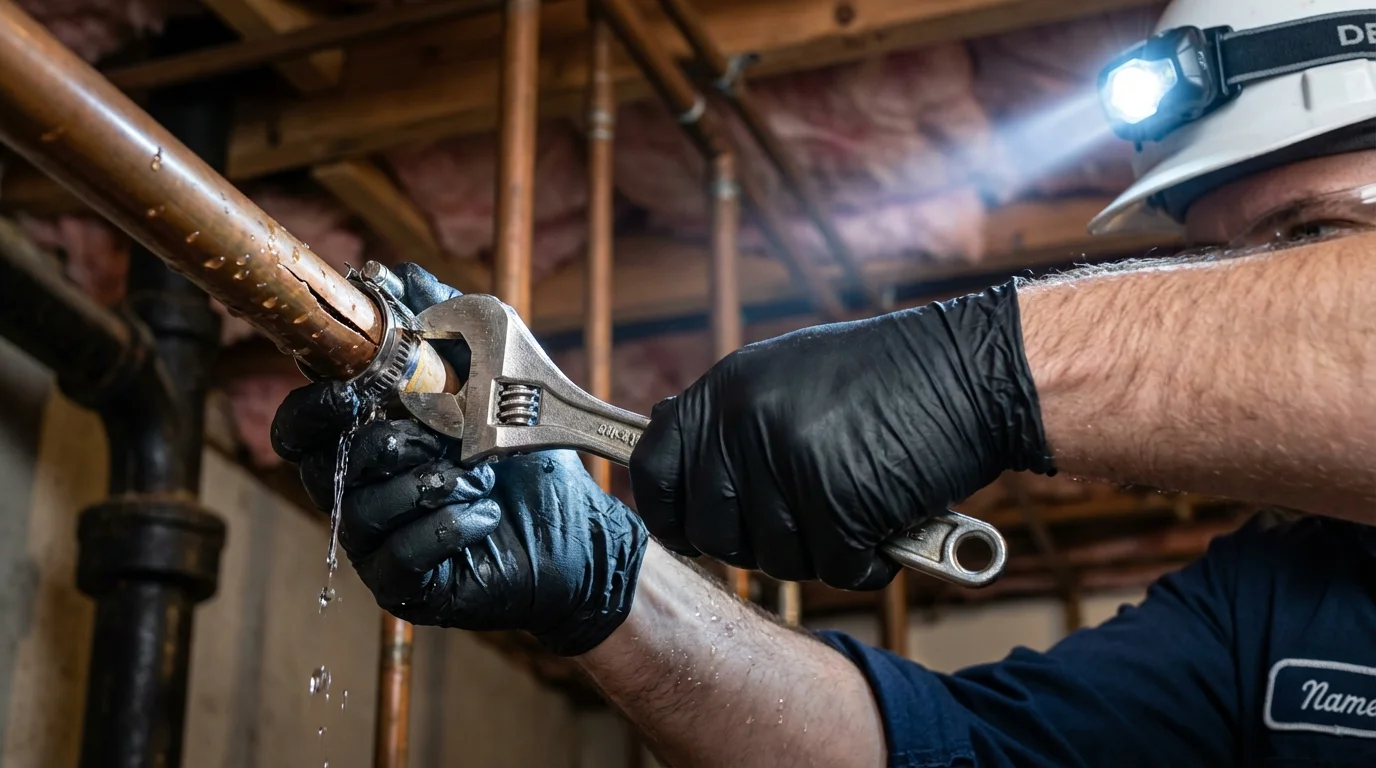 Emergency pipe clamp repair being performed by a Johns Plumbing LLC plumber in Liberty Lake