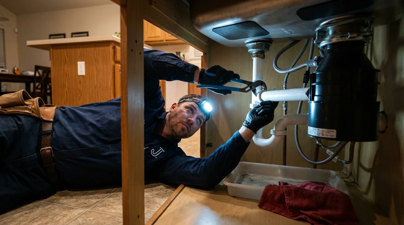 P-trap and supply line connections under a kitchen sink showing a common leak point in Liberty Lake, WA